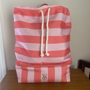Victoria's Secret Beach Cooler backpack summer 2025. Coral & Light Pink Stripe.